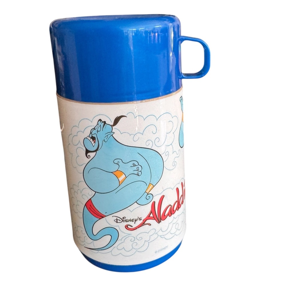 Vintage Aladdin Disney The Genie‎ Blue Plastic Thermos Cup 8oz EUC retro